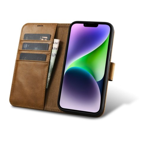 2w1 etui skórzany pokrowiec z klapką iPhone 14 Anti-RFID Oil Wax Wallet Case jasno-brązowy