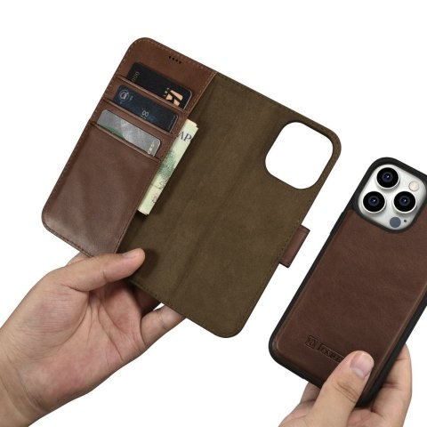 2w1 etui skórzany pokrowiec z klapką iPhone 14 Pro Anti-RFID Oil Wax Wallet Case ciemno-brązowy