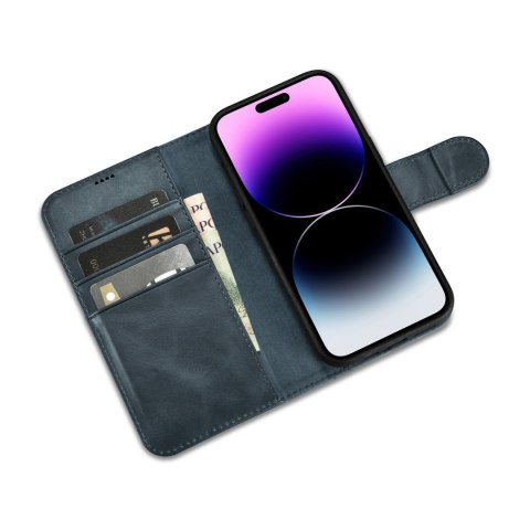 2w1 etui skórzany pokrowiec z klapką iPhone 14 Pro Max Anti-RFID Oil Wax Wallet Case niebieski