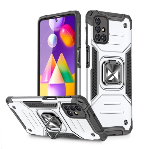 Pancerne hybrydowe etui pokrowiec Samsung Galaxy M31s + magnetyczny uchwyt Ring Armor srebrny