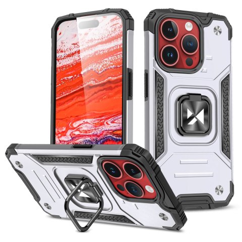 Pancerne etui z uchwytem na palec do iPhone 15 Pro Max Ring Armor srebrne