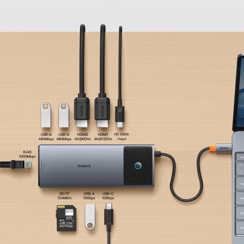 10w1 HUB Adapter USB-C do HDMI / USB-A / USB-C / RJ45 / SD / TF / USB-C PD szary