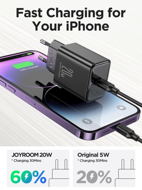 Ładowarka sieciowa USB-C PD 20W + kabel USB-C JR-TCF06 czarna