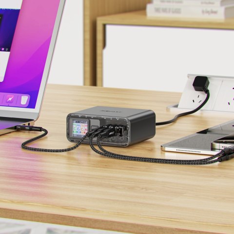 Stacja zasilania ładowarka PD 218W GaN z 4 portami 3x USB-C + USB-A szary