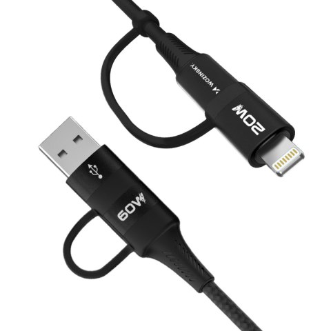 4w1 Uniwersalny kabel przewód 2x USB-C 1x USB-A 1x Lightning 60W 1m czarny