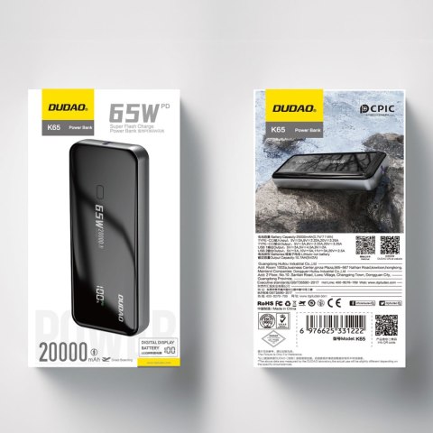 Powerbank 20000mAh 65W 1x USB-C 2x USB-A z wyświetlaczem czarny