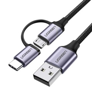 2w1 Kabel przewód w mocnym oplocie USB - microUSB + USB-C 1m 2.4A czarny