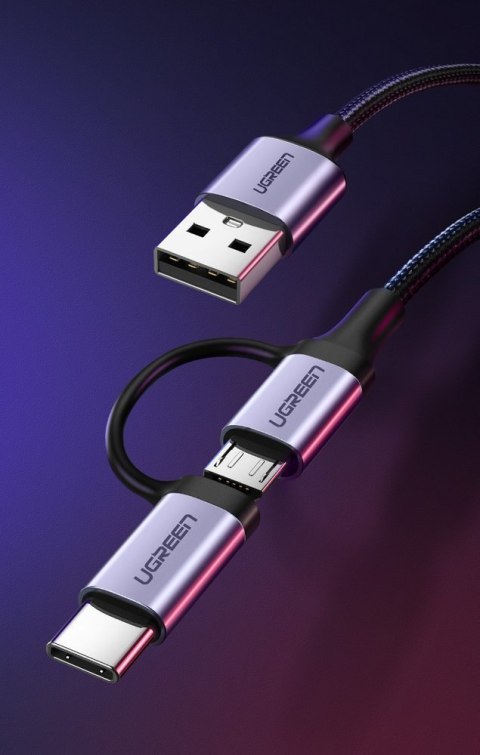 2w1 Kabel przewód w mocnym oplocie USB - microUSB + USB-C 1m 2.4A czarny