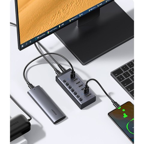 7w1 Wielofunkcyjny HUB rozdzielacz USB-C - 7x USB 3.0 PD DC 12V szary