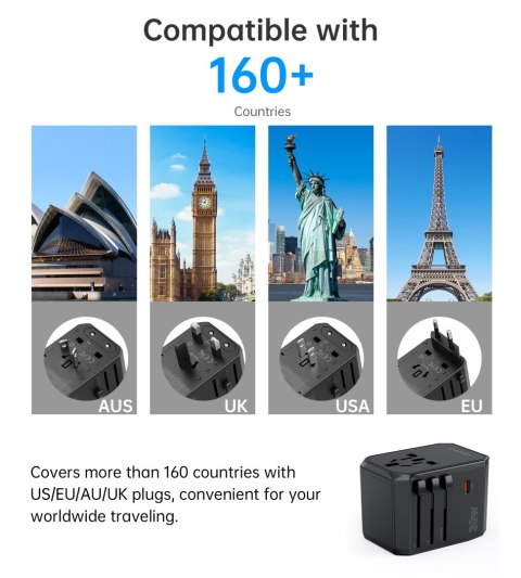 Uniwersalna ładowarka podróżna USB-C 2x USB-A PD 30W wtyczki USA EU UK AU czarna