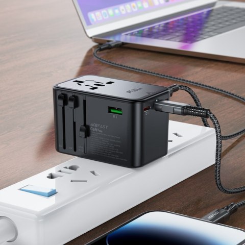 Uniwersalna ładowarka podróżna GaN 2x USB-A 3x USB-C wtyczki UK EU USA AUS czarna