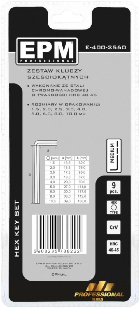 KOMPLET KLUCZY IMBUSOWY ''HEX'' TYP L 9SZT ŚREDNIE