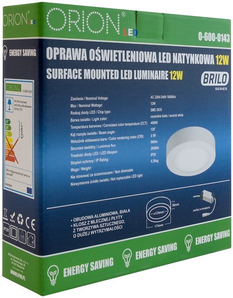 PANEL LED NATYNKOWY OKRĄGŁY BRILO 175MM, 12W, 960LM