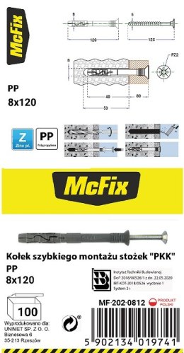 KOŁEK SZYBKI MONTAŻ STOŻEK PP 8*120MM