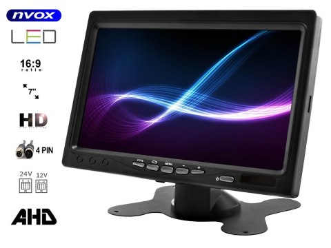 Monitor samochodowy lcd 7 cali 12/24v kabel 5m oraz kamera cofania 4pin zestaw hd