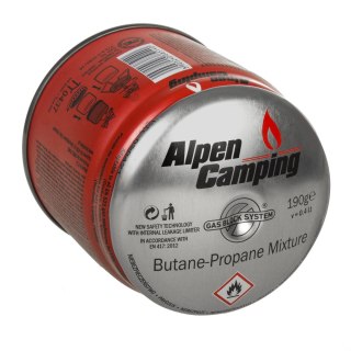 Kartusz gazowy 190G IK006 Alpen Camping. certyfikat: Pi 0437, zgodny z normą EN417, propan-butan, zakres -10°c do+ 40°c, system