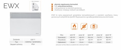 Elektryczny grzejnik naścienny WARMTEC EWX-1500W