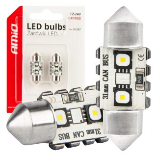 Żarówki led canbus festoon c5w 2smd 3838 31mm white 12v 24v amio-04247