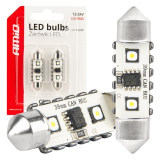 Żarówki led canbus festoon c5w 2smd 3838 39mm white 12v 24v amio-04249