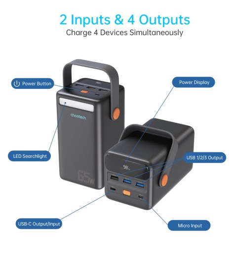 Mini stacja zasilania powerbank 50000mAh USB-A USB-C microUSB 65W czarna
