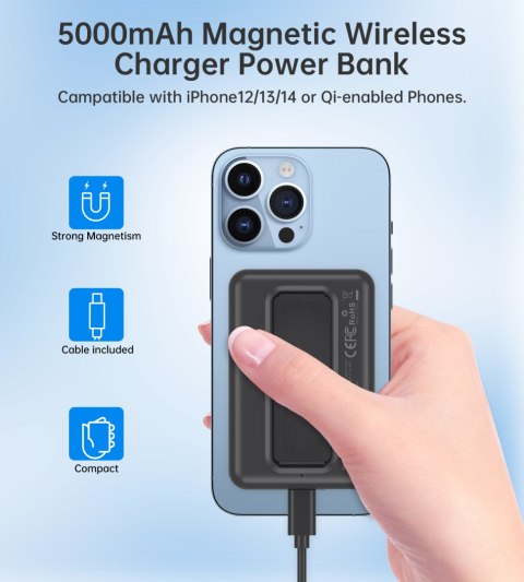 Powerbank 10000mAh bezprzewodowy MagSafe USB-A USB-C funkcja podstawki czarny