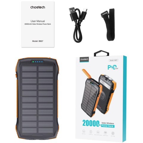 Powerbank solarny słoneczny indukcyjny 20000mAh PD QC Qi pomarańczowy