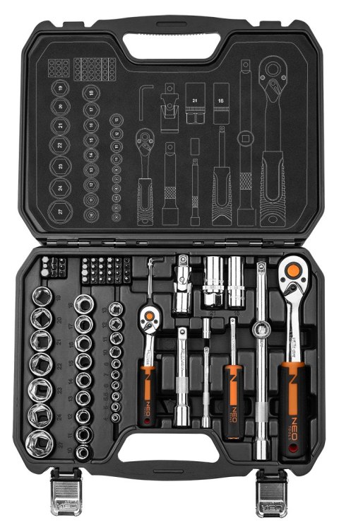 Klucze nasadowe 1/2", 1/4", zestaw 73 szt., CrV