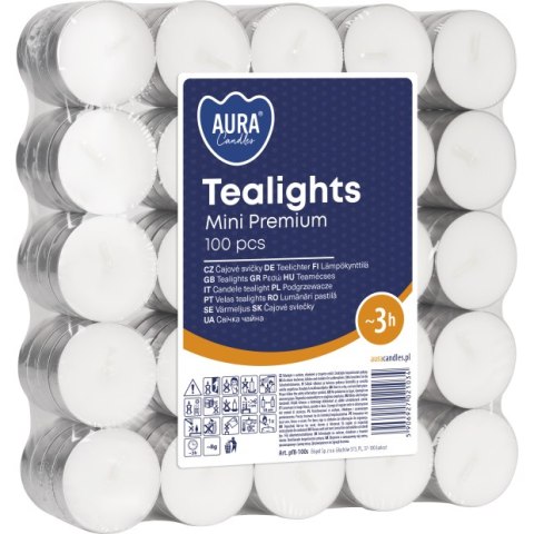 AURA Podgrzewacze Tealights Mini Premium 3h 100 szt. pf8-100s