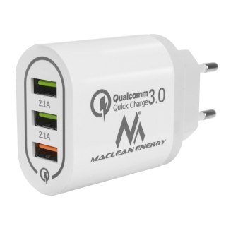 Ładowarka sieciowa Maclean, Qualcomm Quick Charge, QC 3.0 - 3.6-6V/3A, 6-9V/2A, 9-12V/1.5A, 2 gniazda 5V/2.1A, Biała, MCE479 W