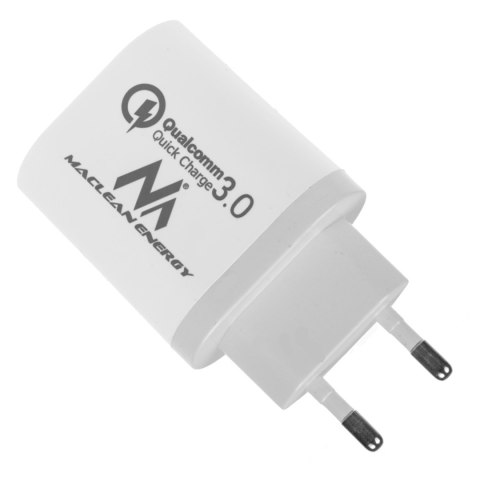 Ładowarka sieciowa Maclean, Qualcomm Quick Charge, QC 3.0 - 3.6-6V/3A, 6-9V/2A, 9-12V/1.5A, 2 gniazda 5V/2.1A, Biała, MCE479 W