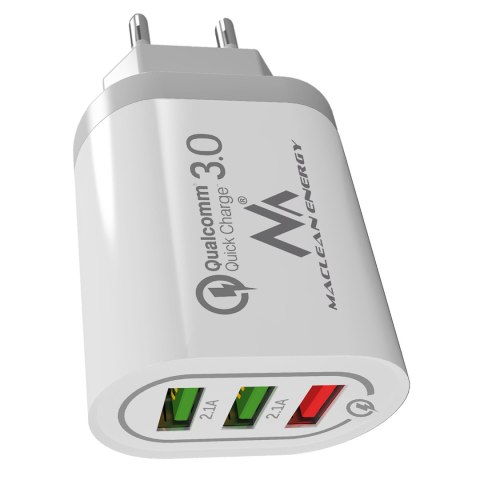 Ładowarka sieciowa Maclean, Qualcomm Quick Charge, QC 3.0 - 3.6-6V/3A, 6-9V/2A, 9-12V/1.5A, 2 gniazda 5V/2.1A, Biała, MCE479 W