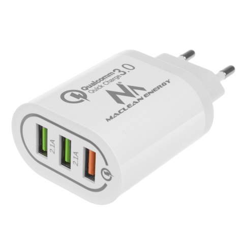 Ładowarka sieciowa Maclean, Qualcomm Quick Charge, QC 3.0 - 3.6-6V/3A, 6-9V/2A, 9-12V/1.5A, 2 gniazda 5V/2.1A, Biała, MCE479 W