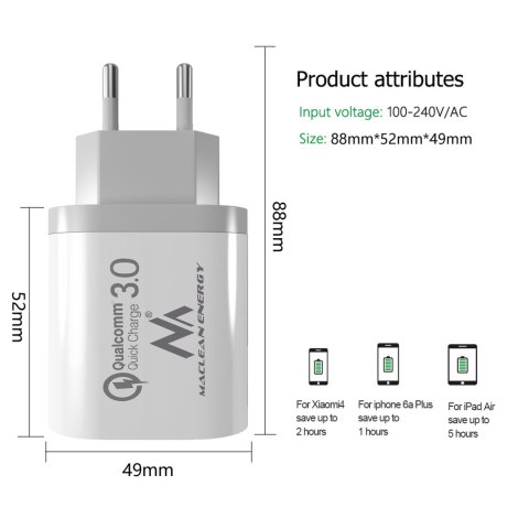 Ładowarka sieciowa Maclean, Qualcomm Quick Charge, QC 3.0 - 3.6-6V/3A, 6-9V/2A, 9-12V/1.5A, 2 gniazda 5V/2.1A, Biała, MCE479 W