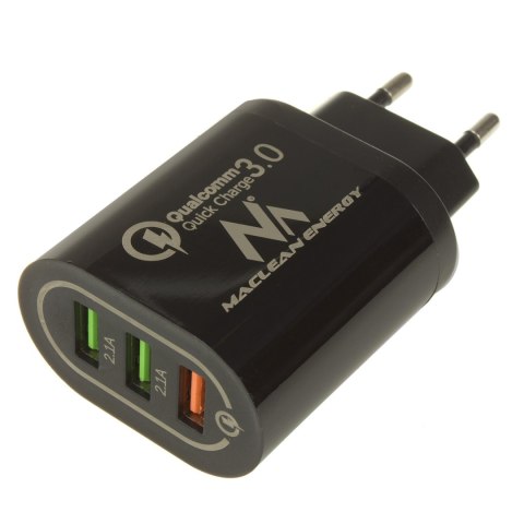 Ładowarka sieciowa Maclean, Qualcomm Quick Charge, QC 3.0 - 3.6-6V/3A, 6-9V/2A, 9-12V/1.5A, 2 gniazda 5V/2.1A, Czarna, MCE479 B