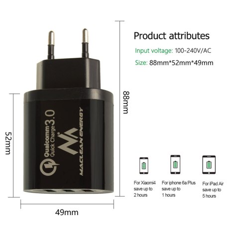 Ładowarka sieciowa Maclean, Qualcomm Quick Charge, QC 3.0 - 3.6-6V/3A, 6-9V/2A, 9-12V/1.5A, 2 gniazda 5V/2.1A, Czarna, MCE479 B