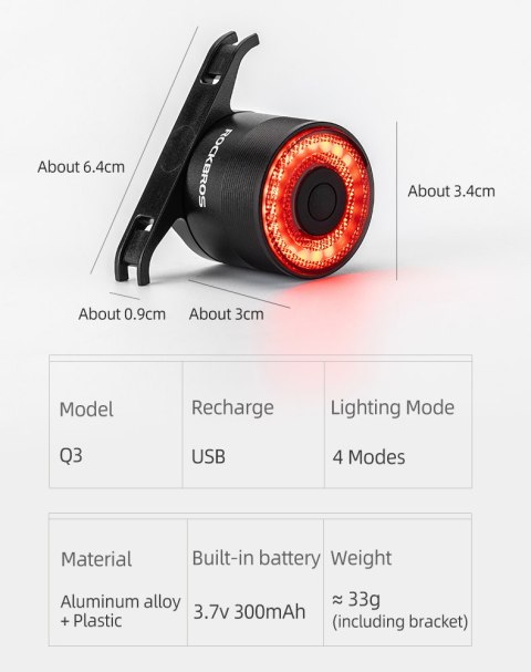 Lampa rowerowa tylna czerwona system STOP cztery tryby pracy