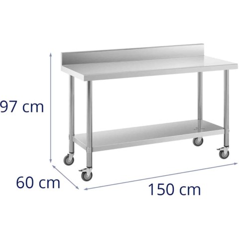 Stół metalowy gastronomiczny na kółkach z półką i rantem STAL 60 x 150 cm