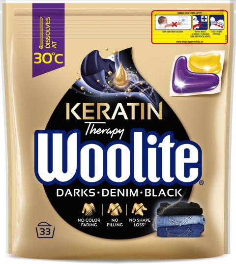 Woolite Żelowe kapsułki do prania z keratyną czerń, ciemne kolory & jeans 33 szt.