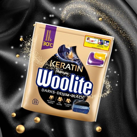 Woolite Żelowe kapsułki do prania z keratyną czerń, ciemne kolory & jeans 33 szt.