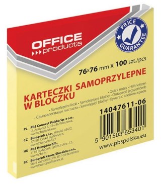 Bloczek samoprzylepny OFFICE PRODUCTS 76x76mm x 100szt. ŻÓŁTY