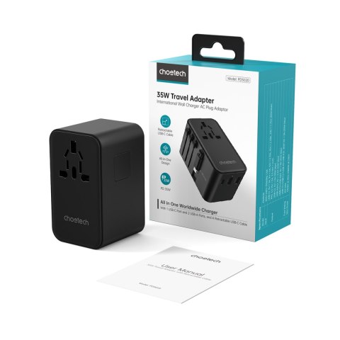 Adapter ładowarka podróżna 35W EU / US / AUS / UK z wbudowanym kablem USB-C - czarny