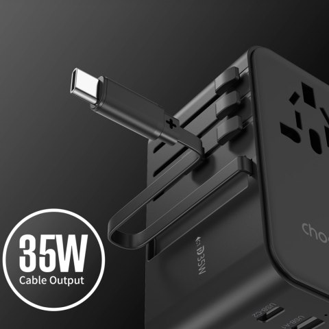 Adapter ładowarka podróżna 35W EU / US / AUS / UK z wbudowanym kablem USB-C - czarny