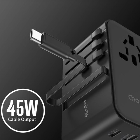 Adapter ładowarka podróżna 45W EU / US / AUS / UK z wbudowanym kablem USB-C - czarny