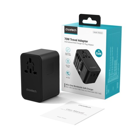 Adapter ładowarka podróżna 70W EU / US / AUS / UK z wbudowanym kablem USB-C - czarny