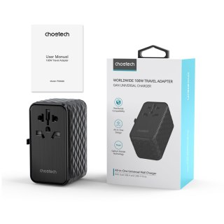 Adapter ładowarka podróżna EU / US / AUS / UK 2x USB-C 2x USB-A 100W - czarny