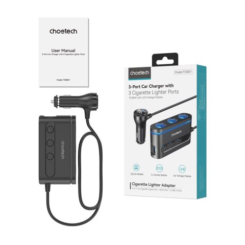 Ładowarka samochodowa + 3x gniazdo zapalniczki 2x USB-C PD 1x USB-A QC - czarna