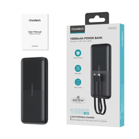 Powerbank 10000 mAh 22.5W USB-A USB-C micro USB z kablem USB-C i Lightning - czarny