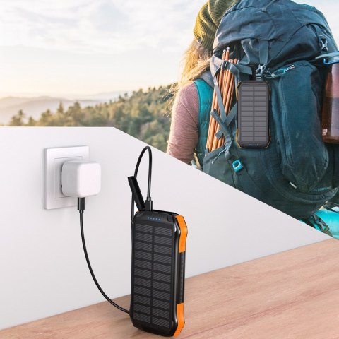 Powerbank ładowarka solarna 10000 mAh 2x USB-A - czarno-pomarańczowy