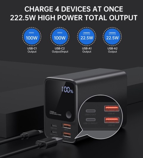 Powerbank stacja zasilania 27000 mAh 2x USB-A 2x USB-C 100W - czarny