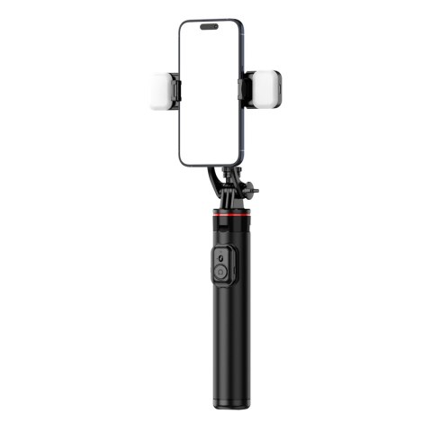 Selfie stick teleskopowy z pilotem + 2x lampka LED stojak tripod na telefon 1.3m aluminium - czarny